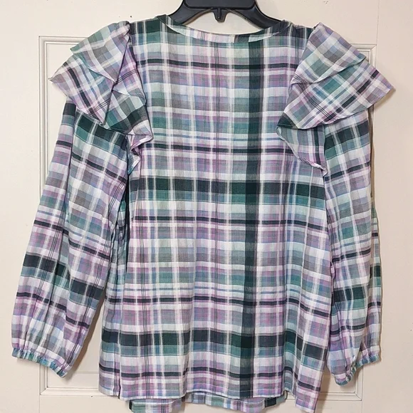 NWT Ann Taylor Cotton Plaid Ruffle Sleeve Top, Size S - Picture 4 of 9